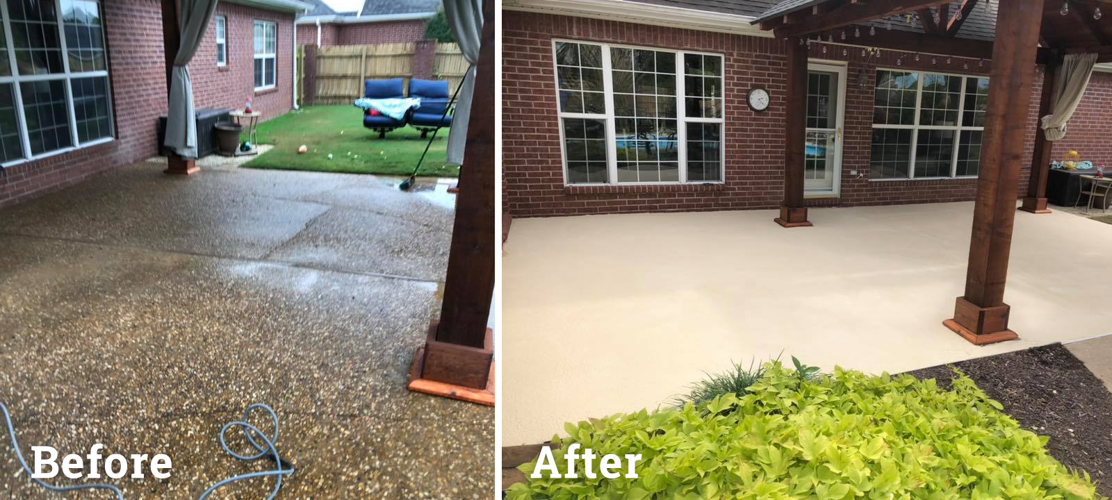 A 'Before and After' transformation of a home patio: originally a pebble-finished surface, updated to a smooth, cream-colored finish.