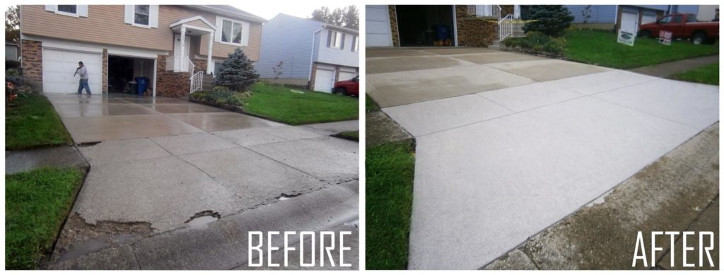 A split-view image showing a home's driveway transformation from cracked concrete to a restored, smooth surface, with text labels "BEFORE" and "AFTER".