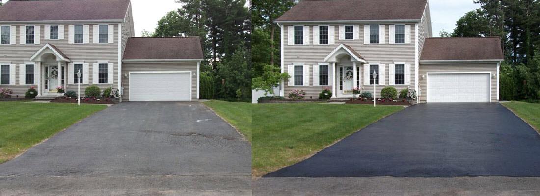 A 'Before and After' comparison of a residential driveway showing worn asphalt refreshed with a new, smooth blacktop.