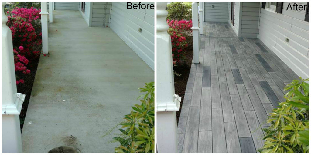 A walkway transformation showing a 'Before' image of plain concrete and an 'After' image of the walkway with a wood-like decorative concrete finish, bordered by vibrant pink flowers.